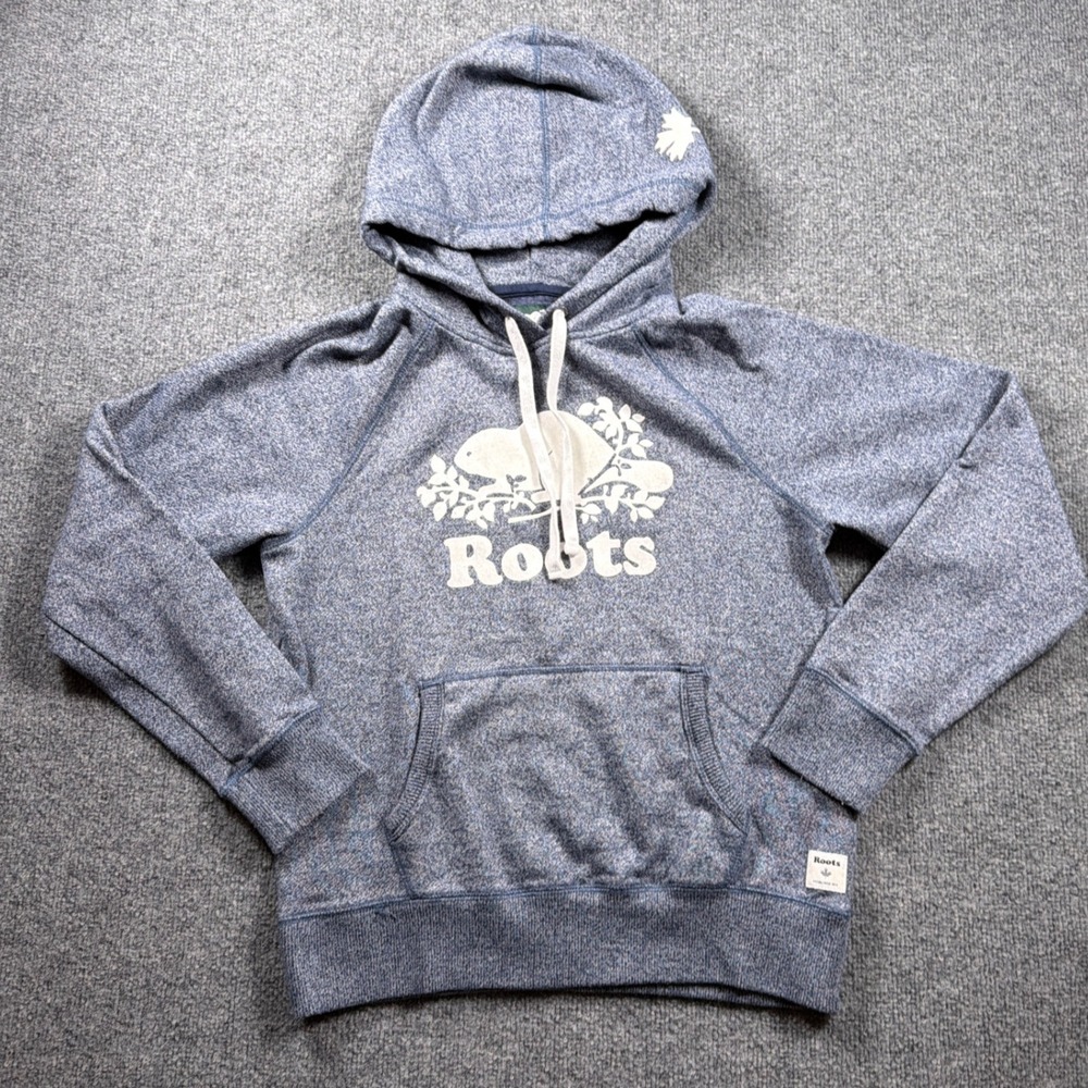 Roots Canada Kanga Hoodie Women Medium Blue Salt and Pepper Beaver Logo Pullover